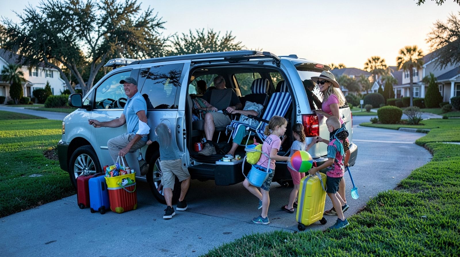 Family loading a minivan with beach chairs, a large cooler, and luggage in a suburban driveway before sunrise for a road trip to Destin Florida