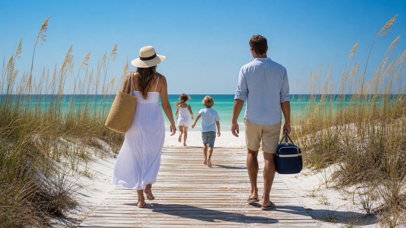 Family walking down a boardwalk through the dunes toward the emerald Gulf of Mexico at Destin Florida after arriving from their Huntsville Alabama road trip