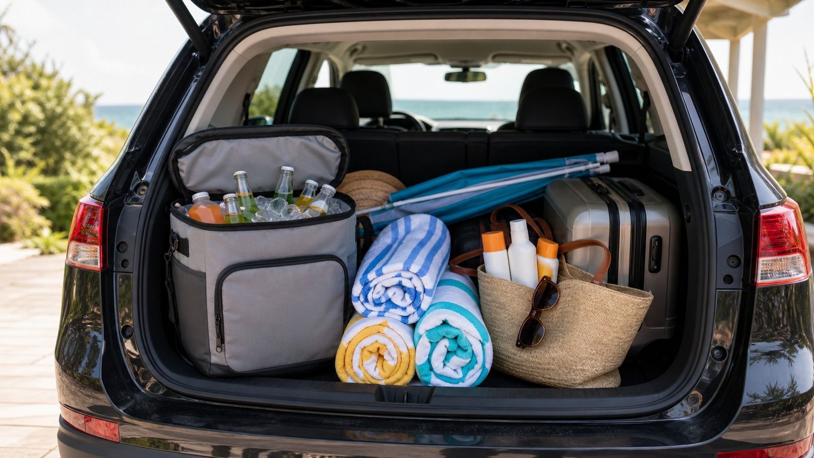Neatly organized SUV trunk packed with a cooler, towels, umbrella, and beach bag for a family road trip from Huntsville Alabama to Destin Florida