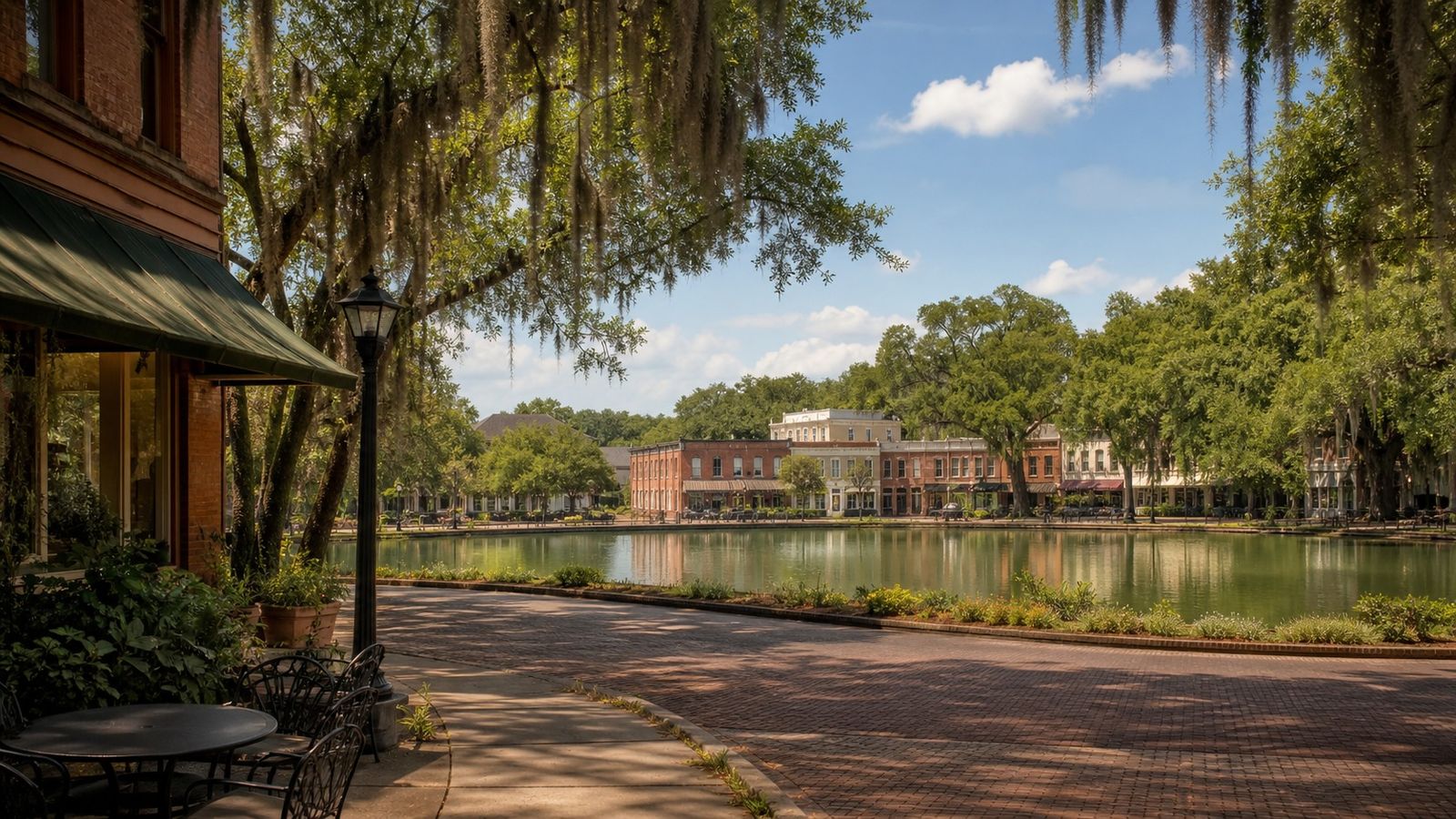 Quiet Victorian downtown of DeFuniak Springs Florida around a circular spring-fed lake, a perfect road trip stop between Huntsville and Destin