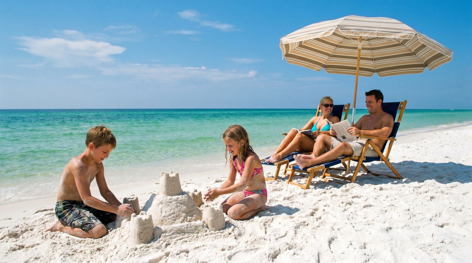 Family enjoying the white sand beaches of Destin, Florida