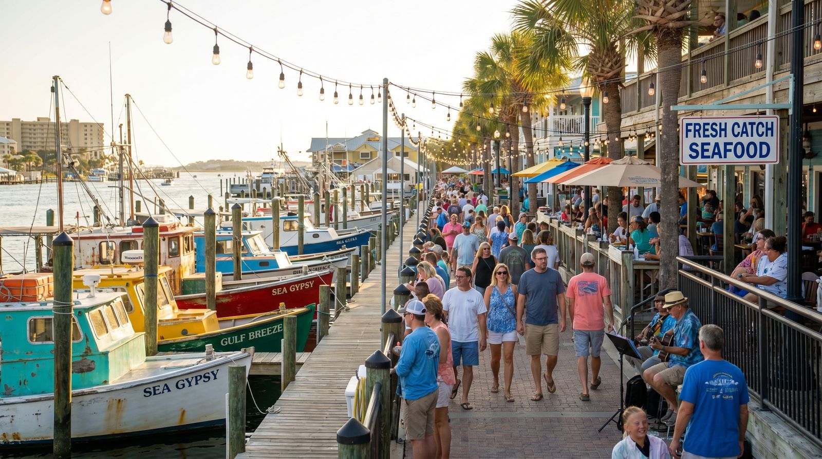 Destin Harbor Boardwalk waterfront restaurants and fishing boats at sunset