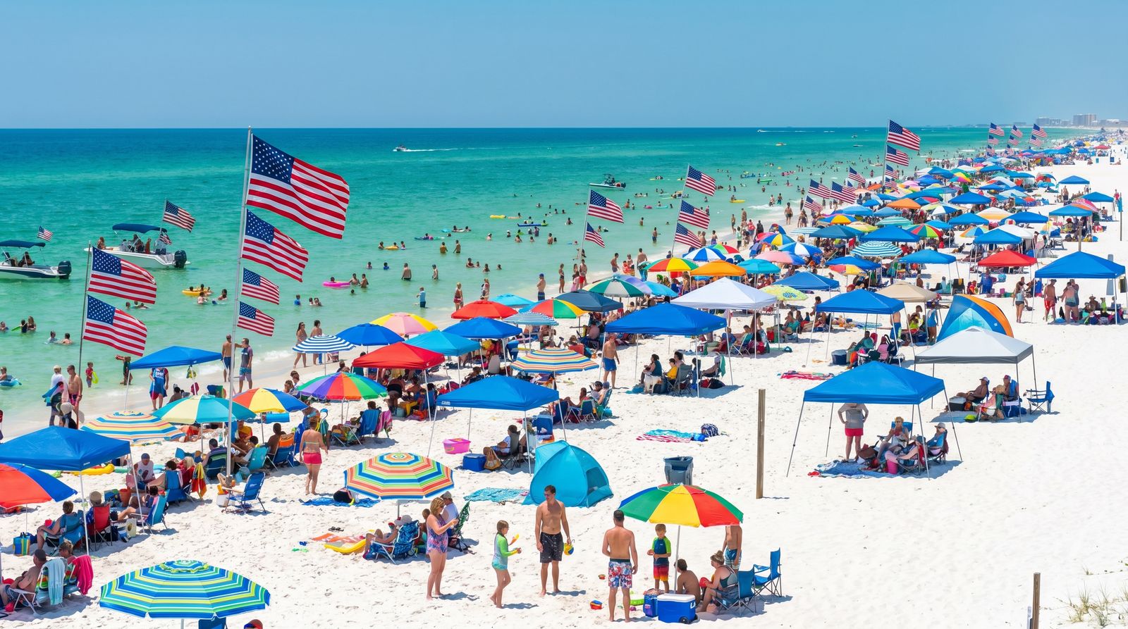 Packed white sand beach in Destin Florida on a sunny 4th of July with colorful umbrellas and American flags under a bright blue sky
