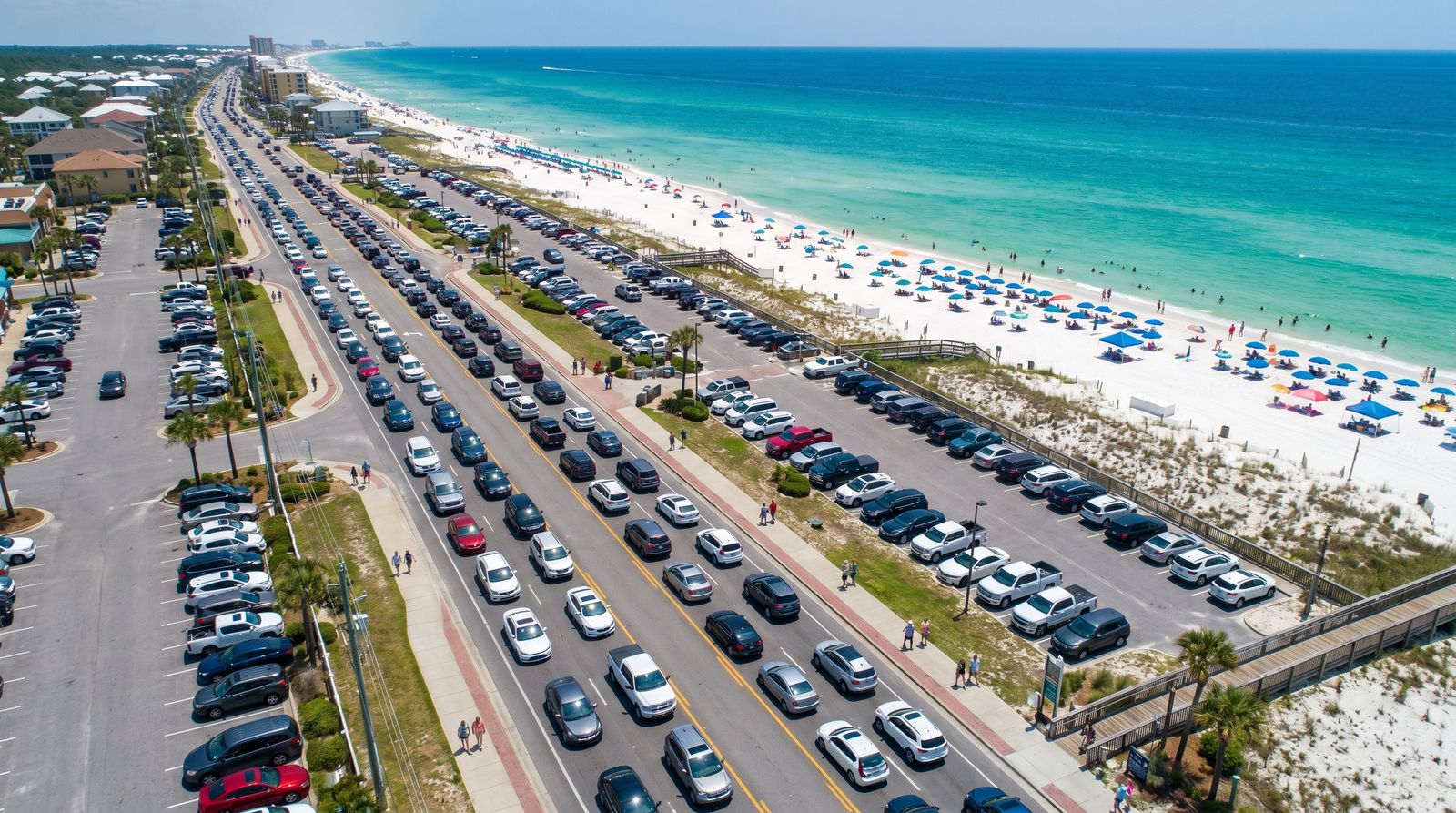 Aerial view of heavy holiday traffic on the coastal highway in Destin Florida showing the scale of 4th of July crowds with the beach and Gulf visible nearby