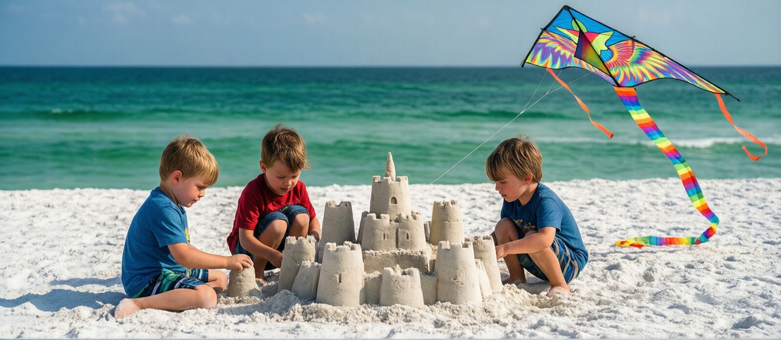 Children building sandcastles and flying colorful kites on the sugar-white sand beach of Miramar Beach Florida, emerald Gulf water in background