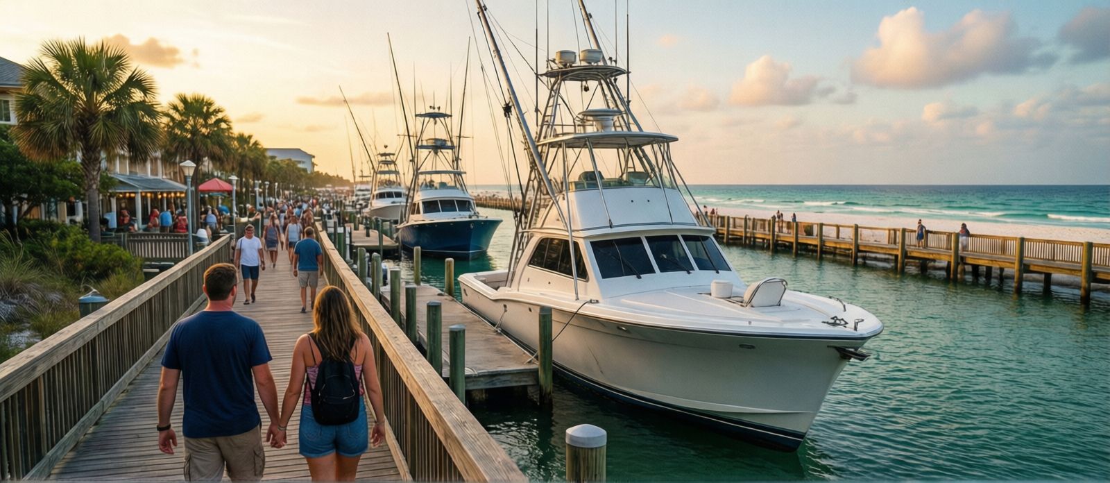Visitors strolling the HarborWalk Village boardwalk in Destin Florida at golden hour with deep-sea fishing charter boats moored in the harbor