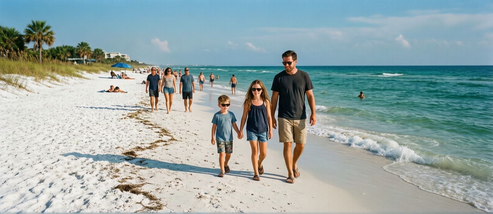 Families walking along uncrowded white sand beach at Henderson Beach State Park in Destin Florida on a sunny summer morning