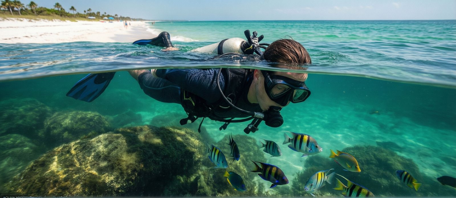 Snorkeler floating face-down in clear emerald water at the Destin East Jetty with submerged rocks and tropical fish visible below
