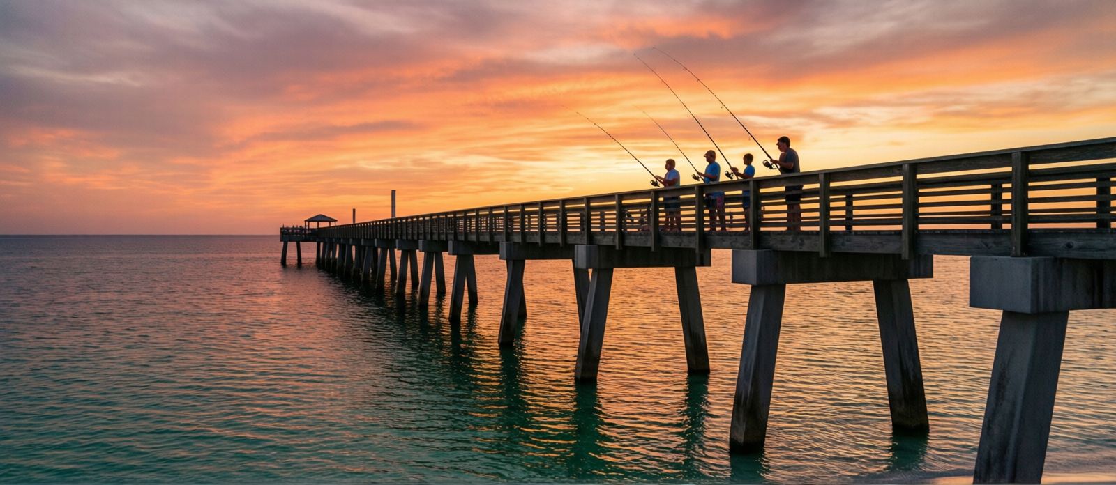 Family fishing with rods at the end of a long Gulf Coast pier at sunset, orange and pink sky reflecting on calm water below