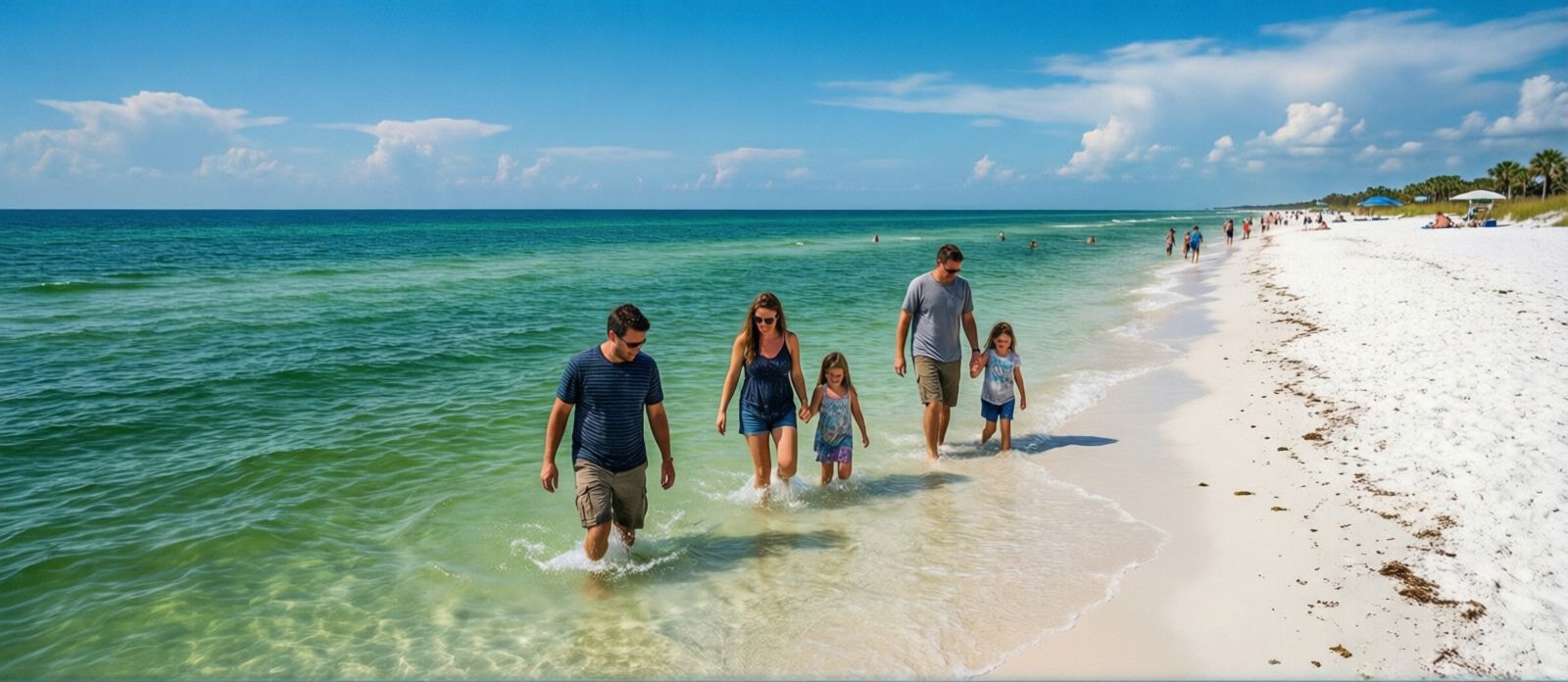 Destin Florida beach on a clear summer day — checking conditions and wearing a rash guard significantly reduce jellyfish sting risk