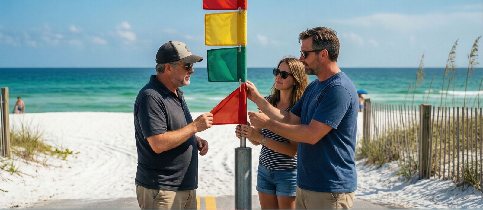 Beach conditions flags flying at Destin Florida — knowing the flag system helps you gauge jellyfish risk each morning