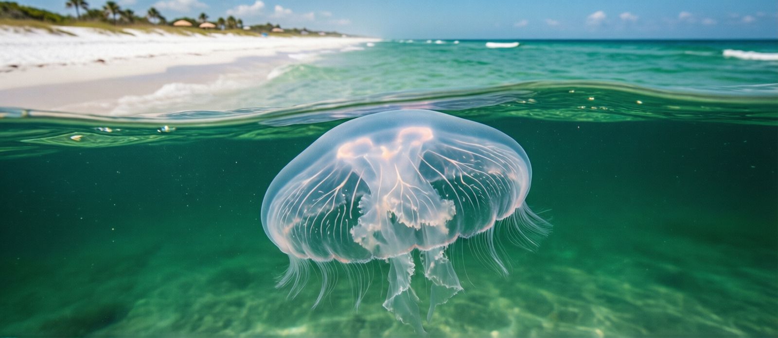 Jellyfish visible in the clear Gulf of Mexico near Destin — moon jellies are the most common and least harmful species