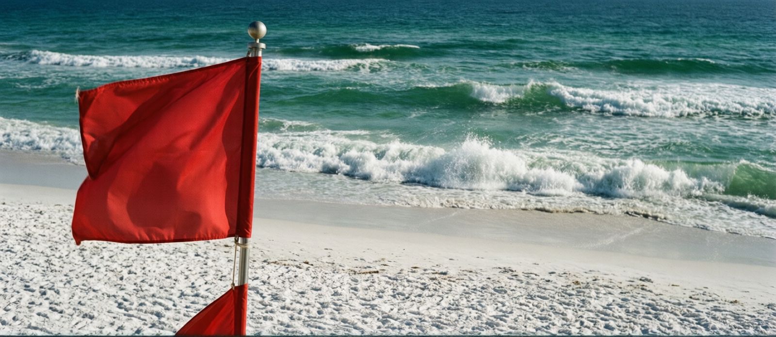 Warning flags at Destin Florida beach — purple flags signal jellyfish or other marine pests in the water