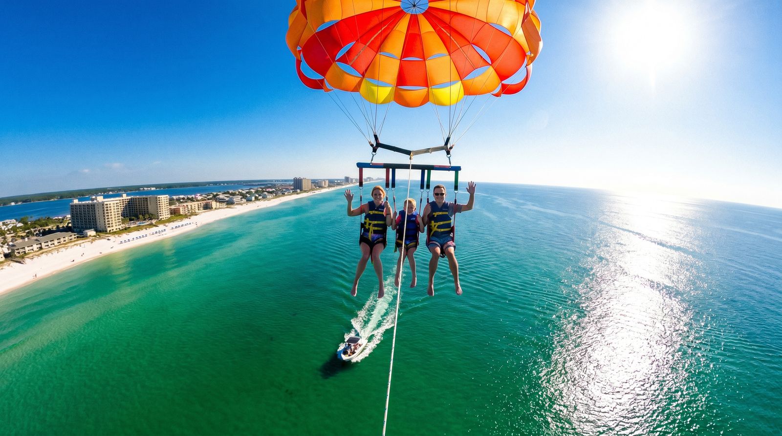Family parasailing over the emerald Gulf water in Destin Florida on a clear summer July morning with the white sand beach below