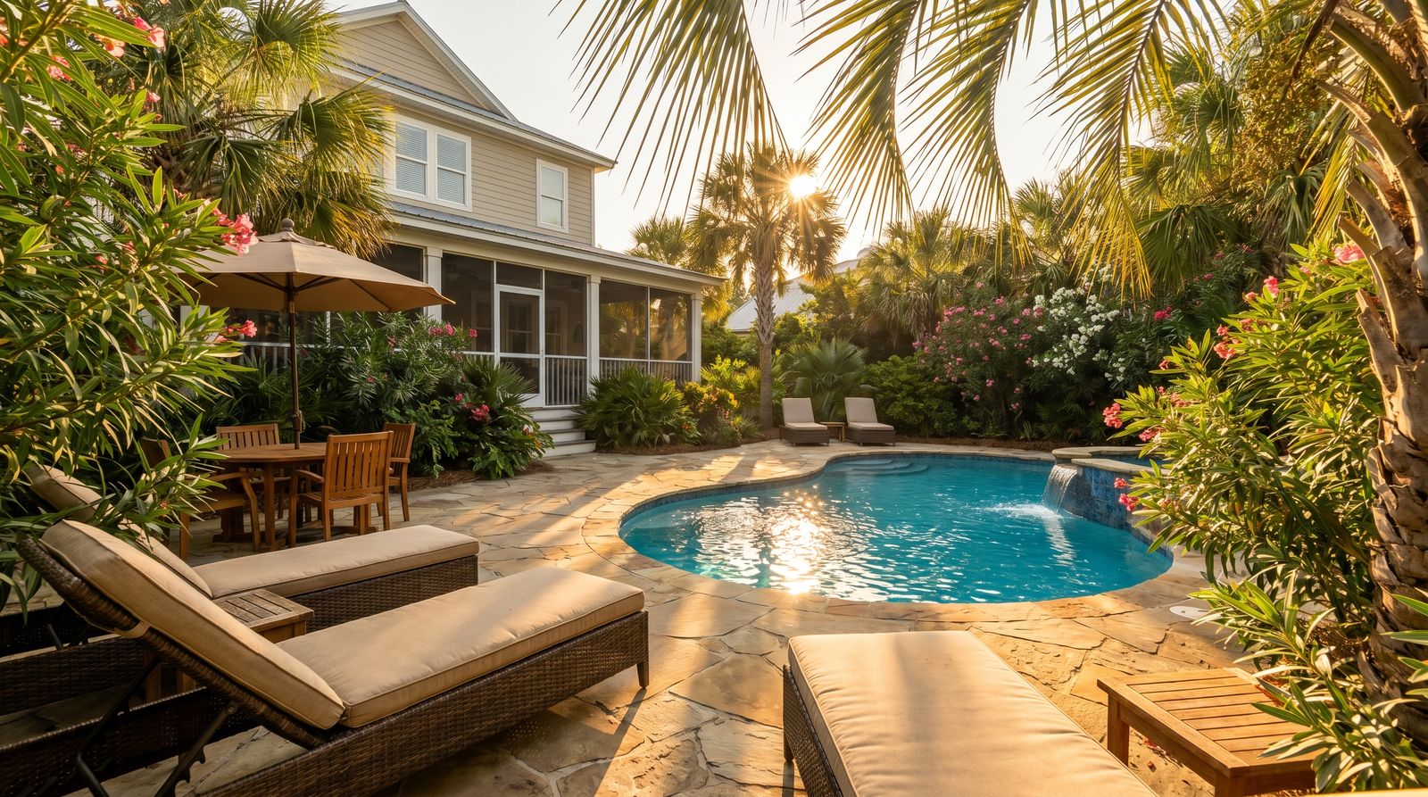 Private pool at a Miramar Beach vacation rental home with lounge chairs and palm trees on a warm late-summer afternoon
