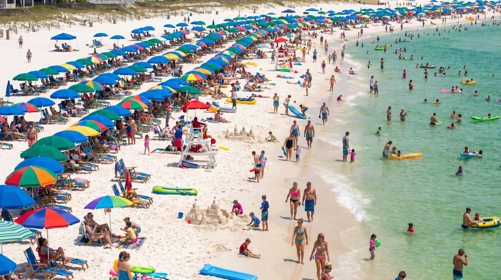 Packed white sand beach at Destin Florida on Memorial Day weekend with colorful umbrellas and emerald green Gulf water