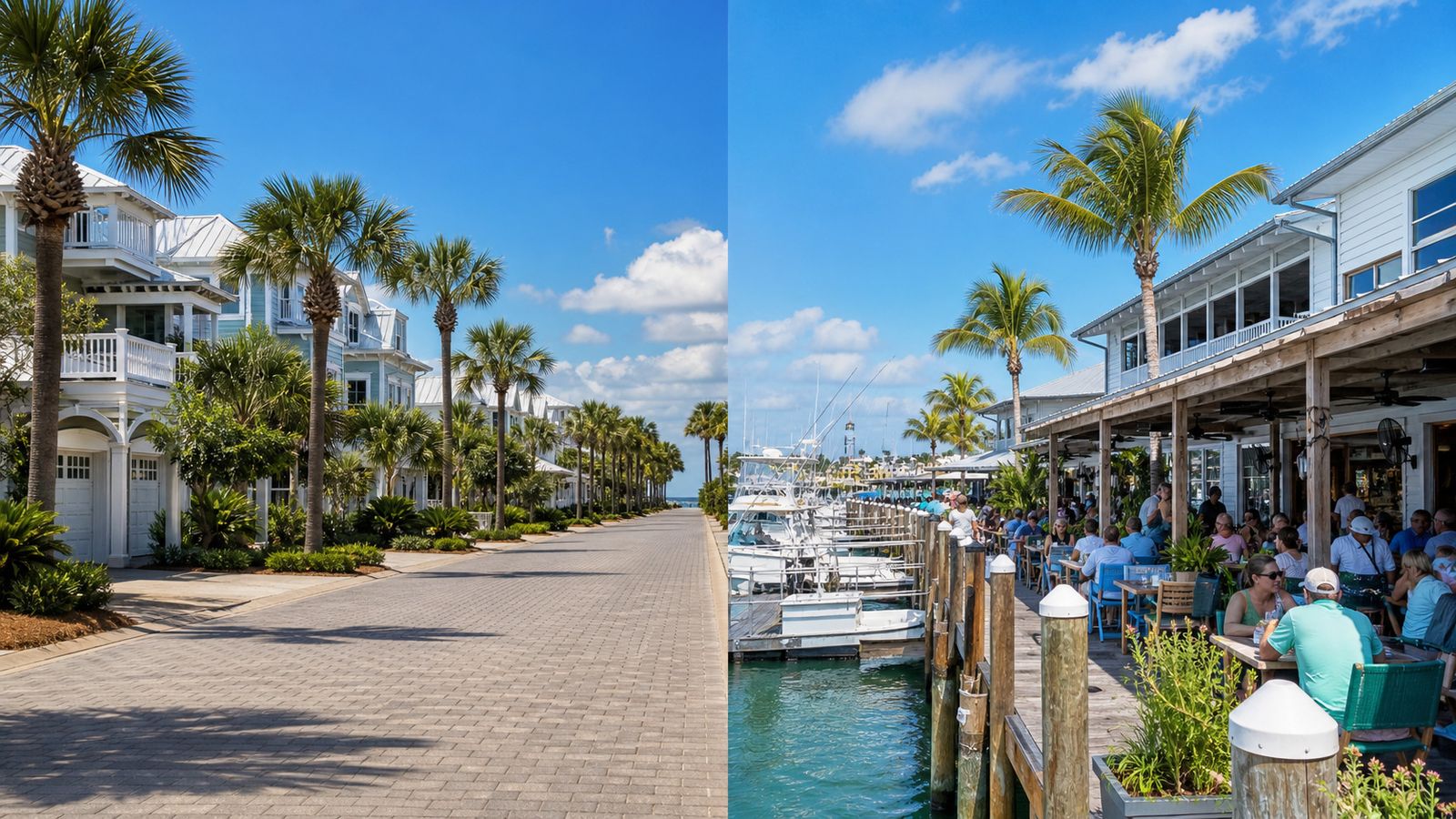 Contrast between a quiet residential Miramar Beach neighborhood street and a lively Destin waterfront restaurant district