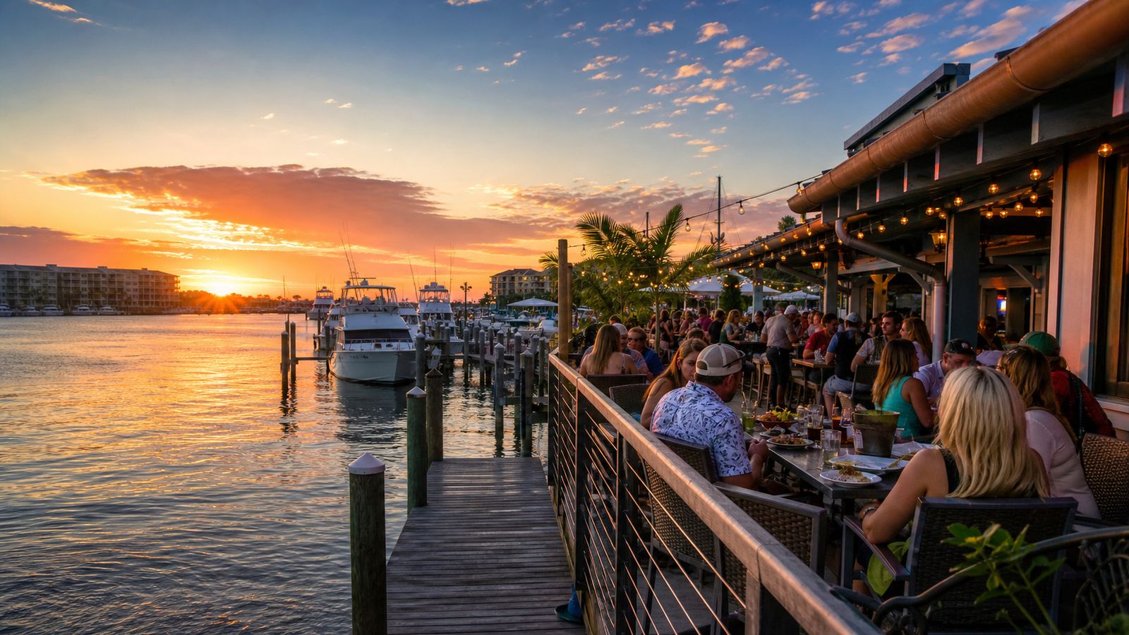 Busy waterfront seafood restaurant at Destin Harbor at sunset with boats moored at the dock behind outdoor diners