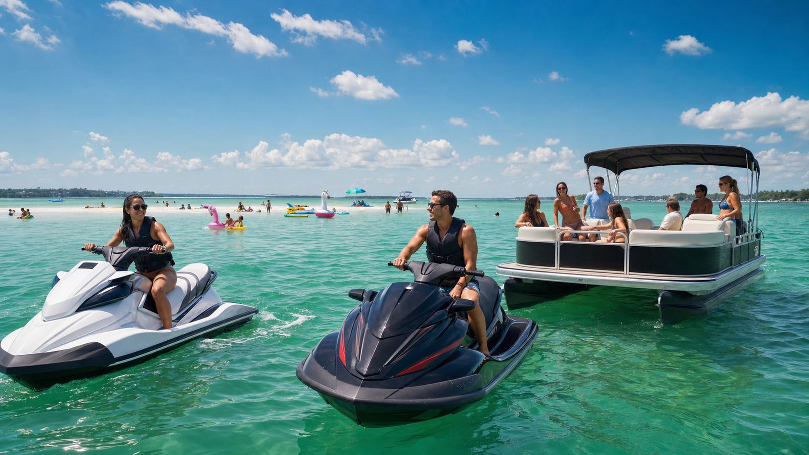 Vacationers on jet skis and a pontoon boat enjoying emerald green Gulf water near Crab Island in Destin, Florida