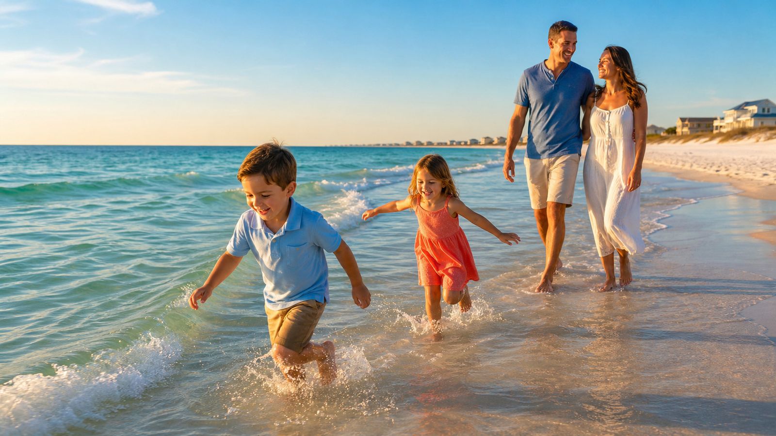 Family walking along the Emerald Coast shoreline enjoying their Florida beach vacation