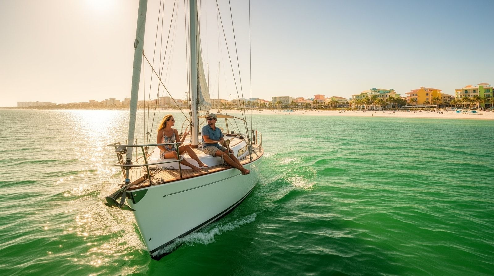 Two people sitting at the bow of a sailboat on emerald green Gulf water near Destin Florida on a sunny afternoon
