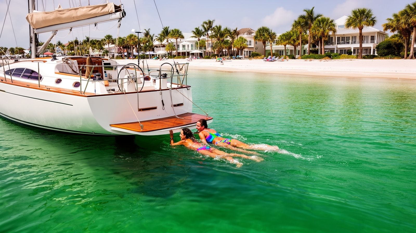 Couple swimming off the stern of a private sailboat anchored in crystal clear emerald water near Destin Florida