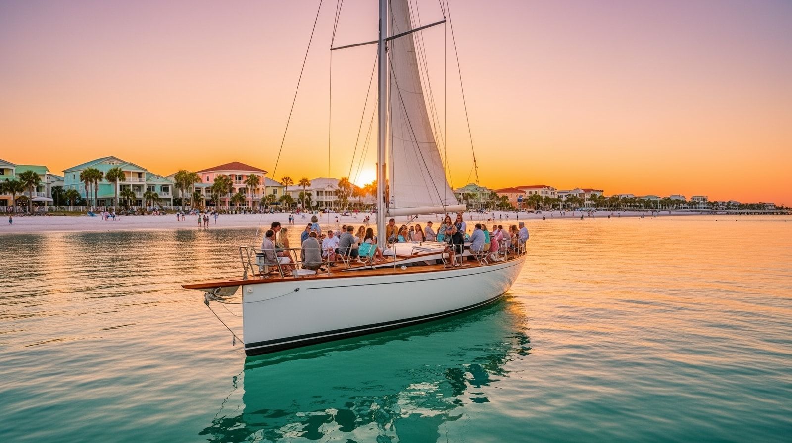 Sailboat with passengers on Destin Harbor at sunset with orange and pink sky reflecting on calm water