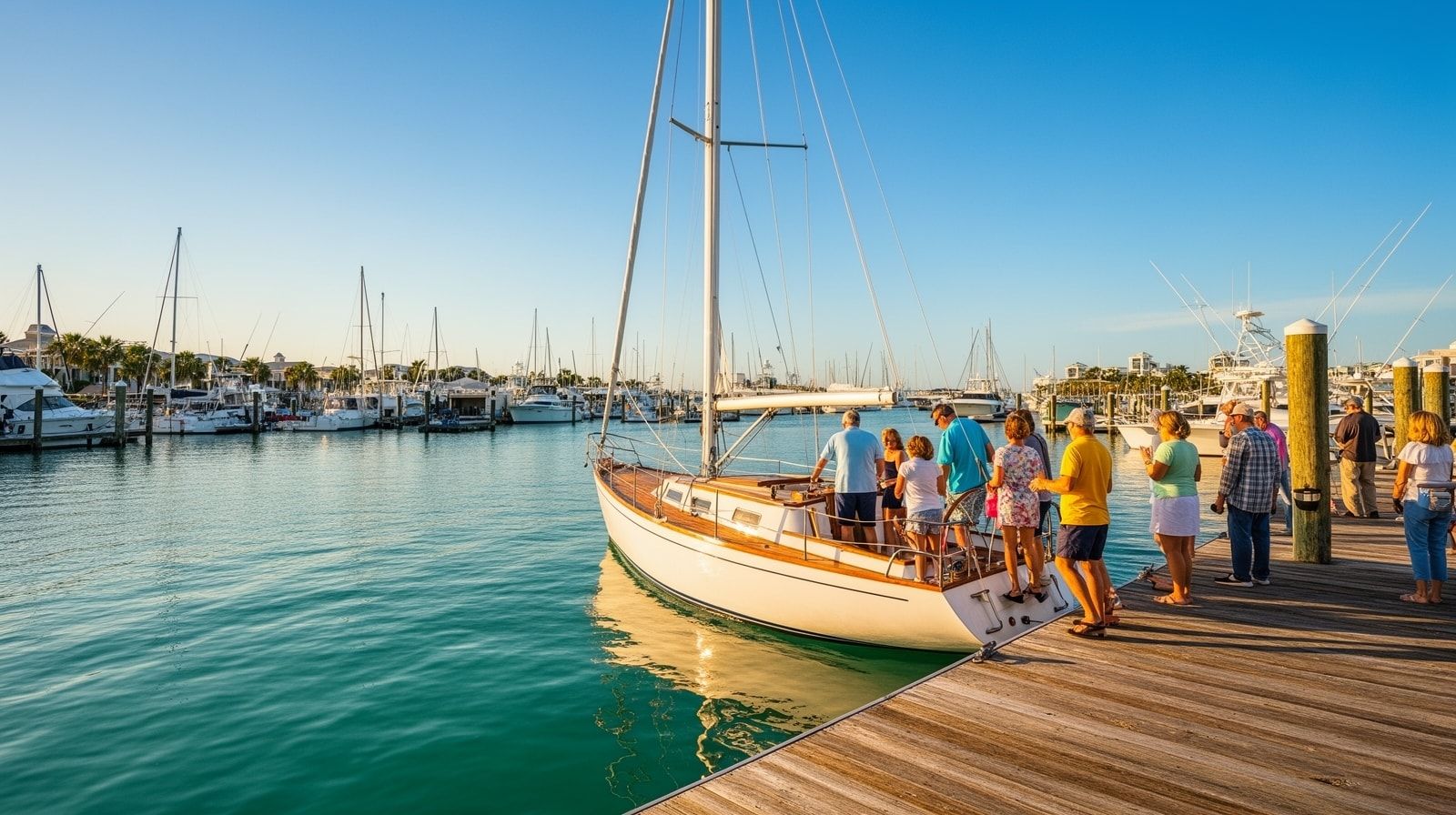 Small group boarding a sailboat at Destin HarborWalk Village marina dock on a bright sunny morning