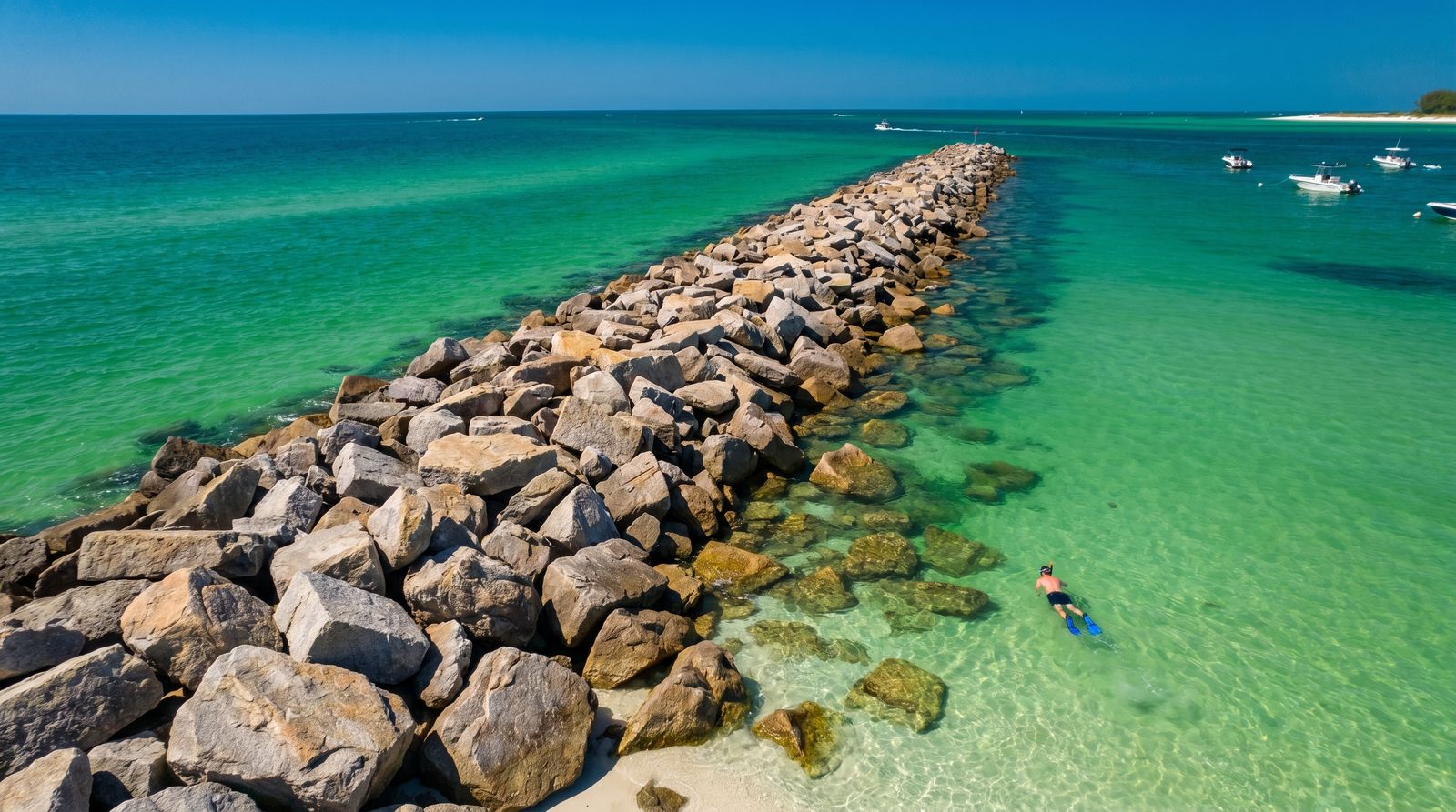 Aerial view of the East Jetty rocks and emerald-green water at the entrance to Destin Harbor, a popular snorkeling spot